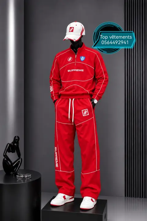 Survêtement Supreme rouge ensemble veste col zippé et pantalon — photo 1