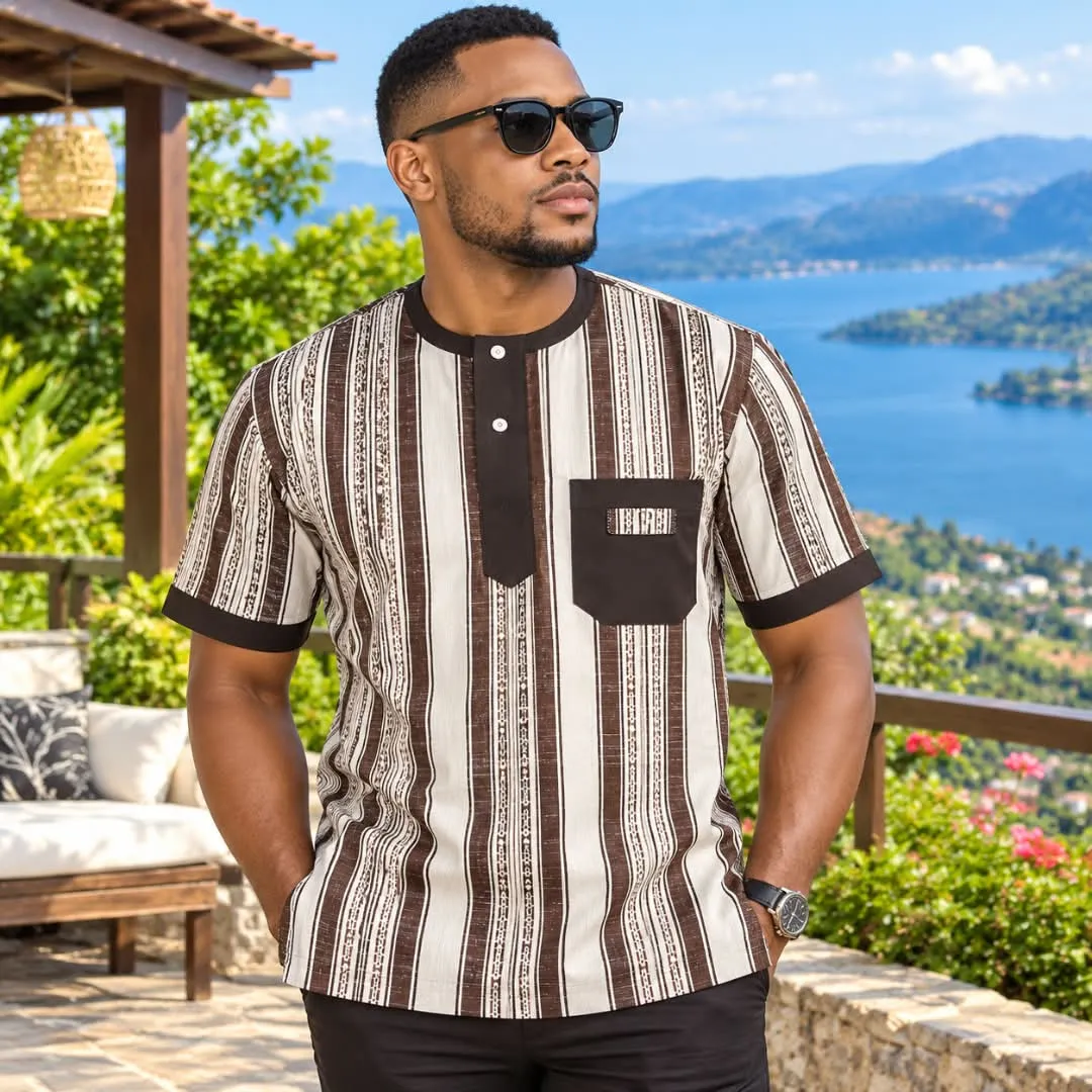 Tunique africaine homme rayée marron et blanc col tunisien — photo 1