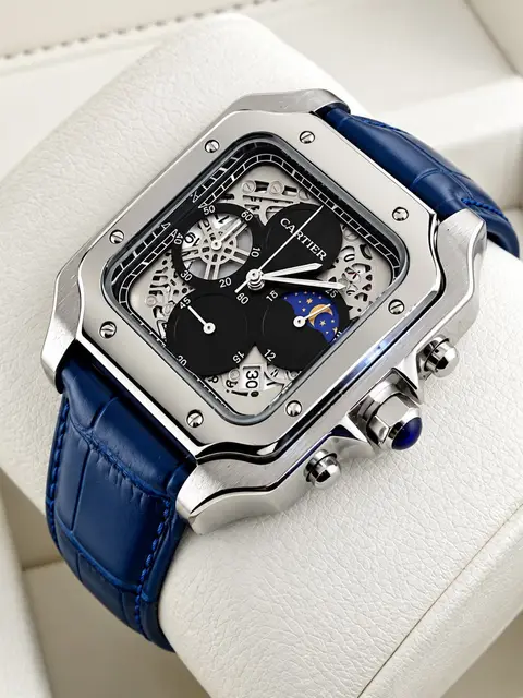 Montre Cartier Santos squelette avec bracelet en cuir bleu — photo 1